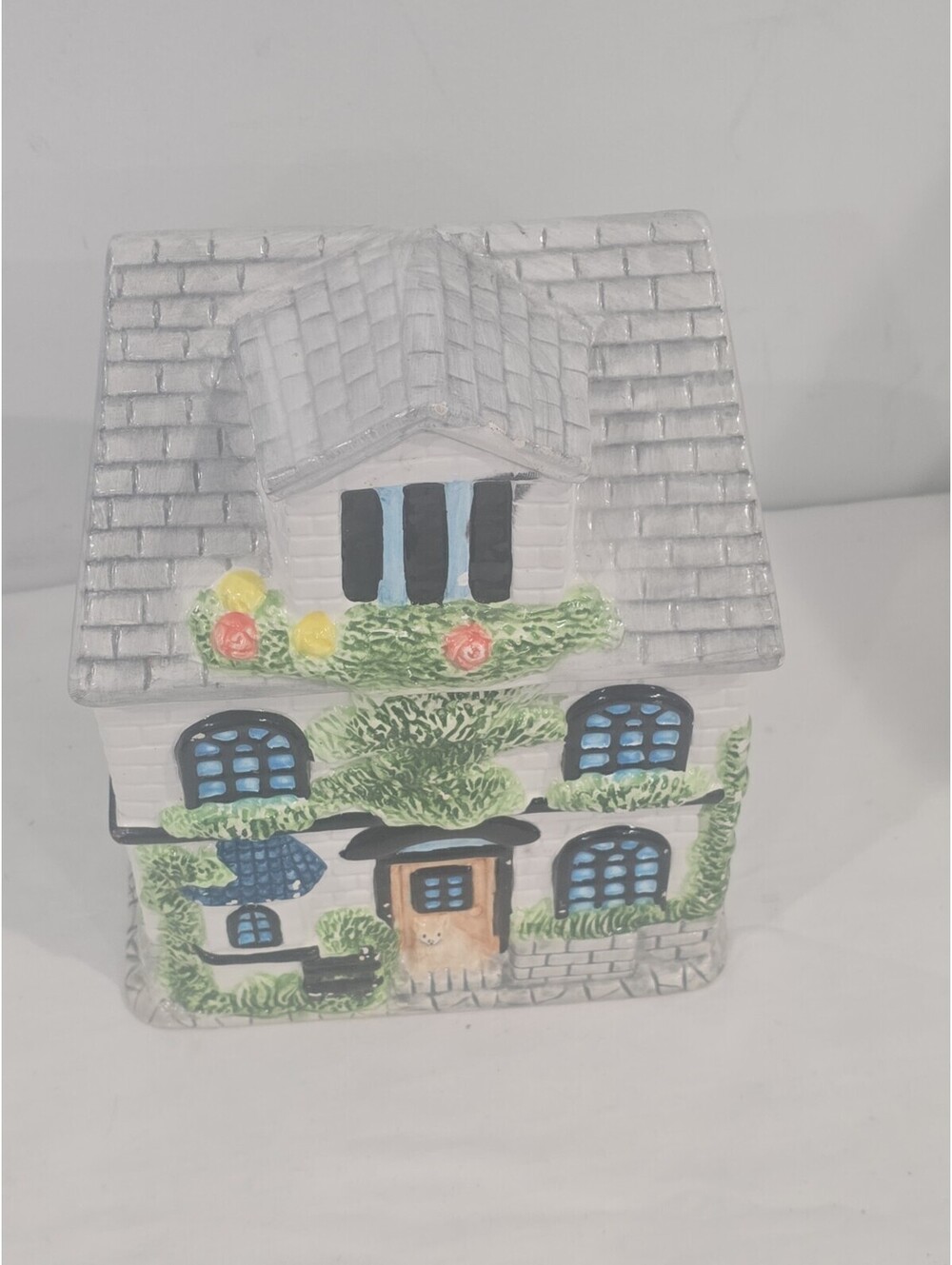 Cottage House Ceramic Cookie Jar Canister Floral Garden Blue Windows Decorative